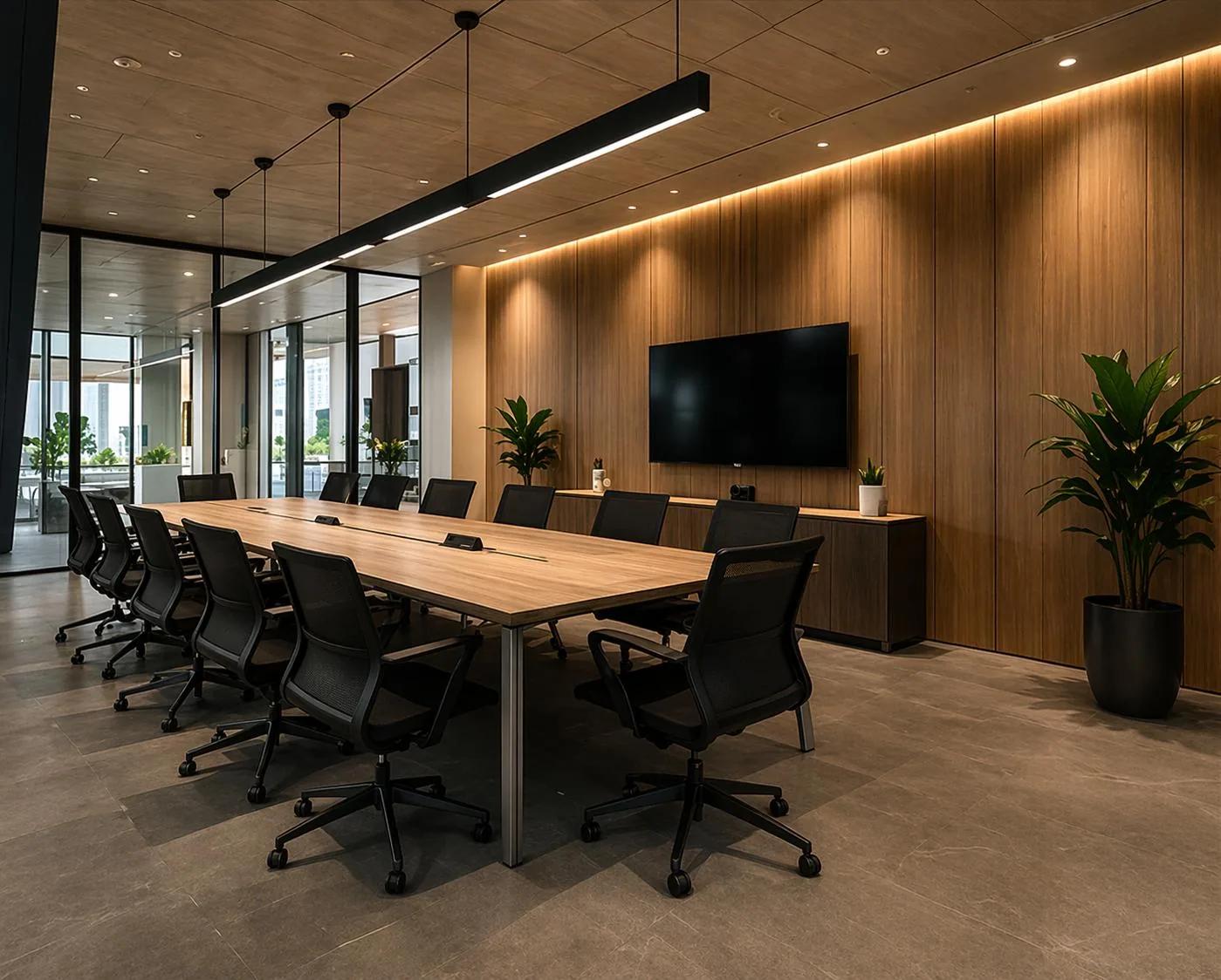 ARCSPACEX-designed boardroom with warm timber and linear pendants