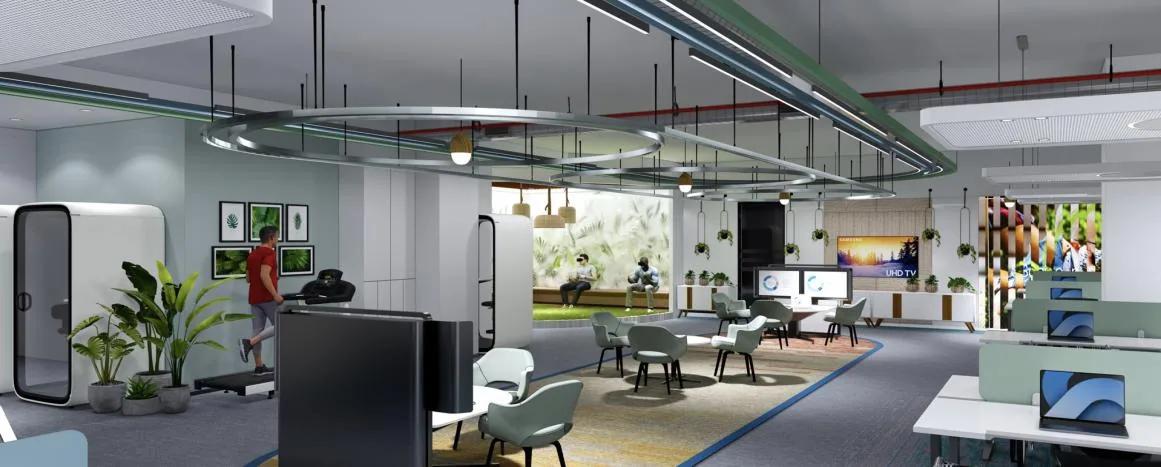 ARCSPACEX-delivered Bayer corporate floor — spacious open-plan with feature ceiling
