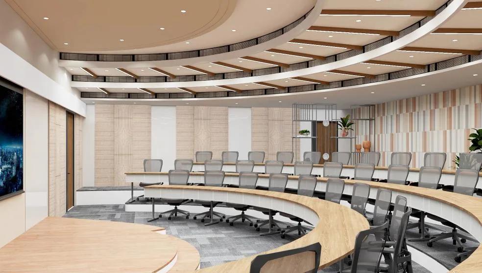 CCC Global cafeteria with layered ceiling details and biophilic planting